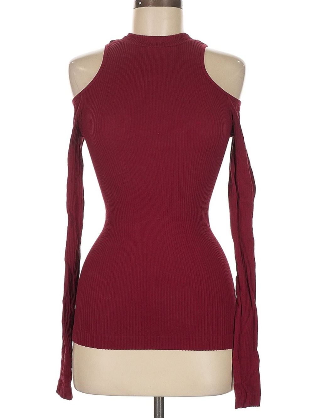 Ribbed Cold-Shoulder Long Sleeve Top - Burgundy